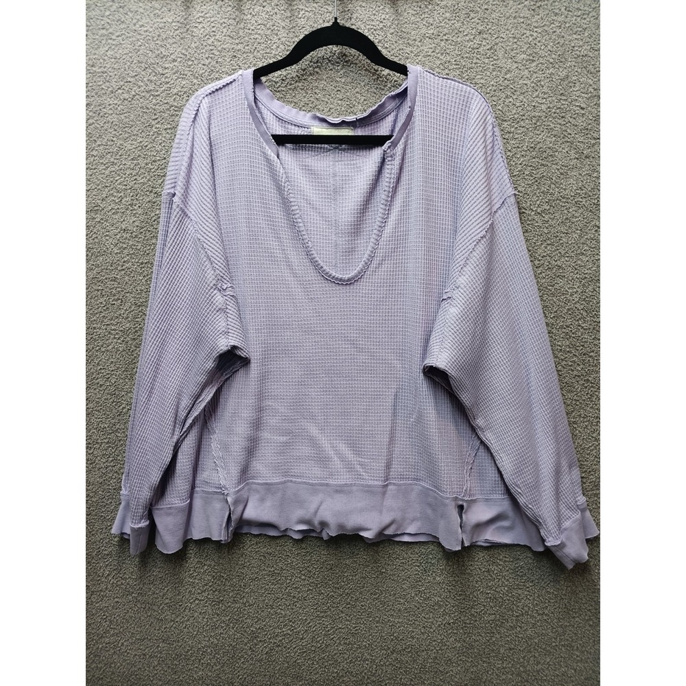 We The Free Thermal Waffle Knit Top Women's M Lavender Oversized Raw Hem Slouchy